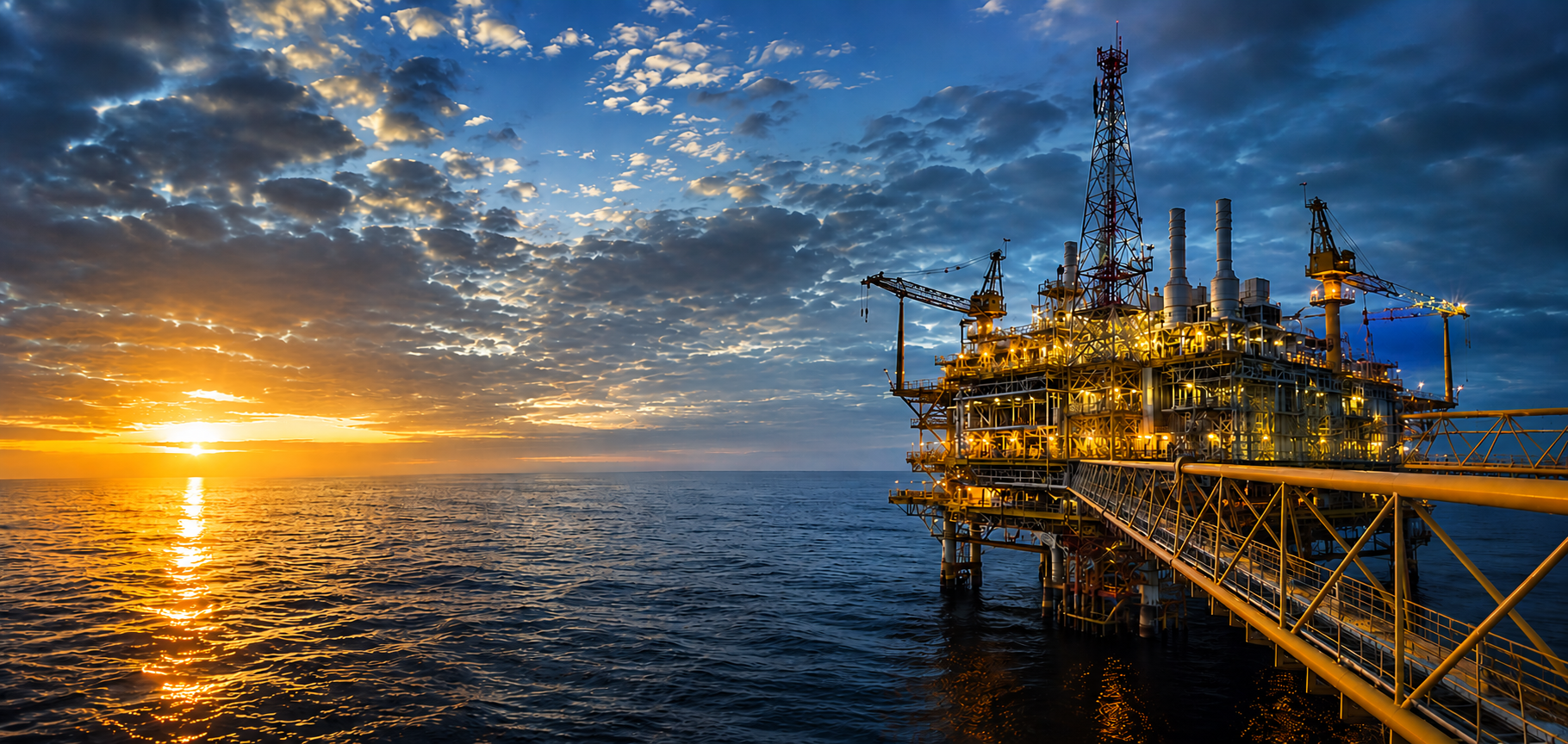 Offshore oil and gas production platform at sunset